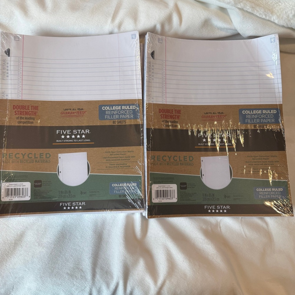 Five Star 4 Pack Reinforced Filler Paper College Ruled Recycled 80 Sheets 11x8.5